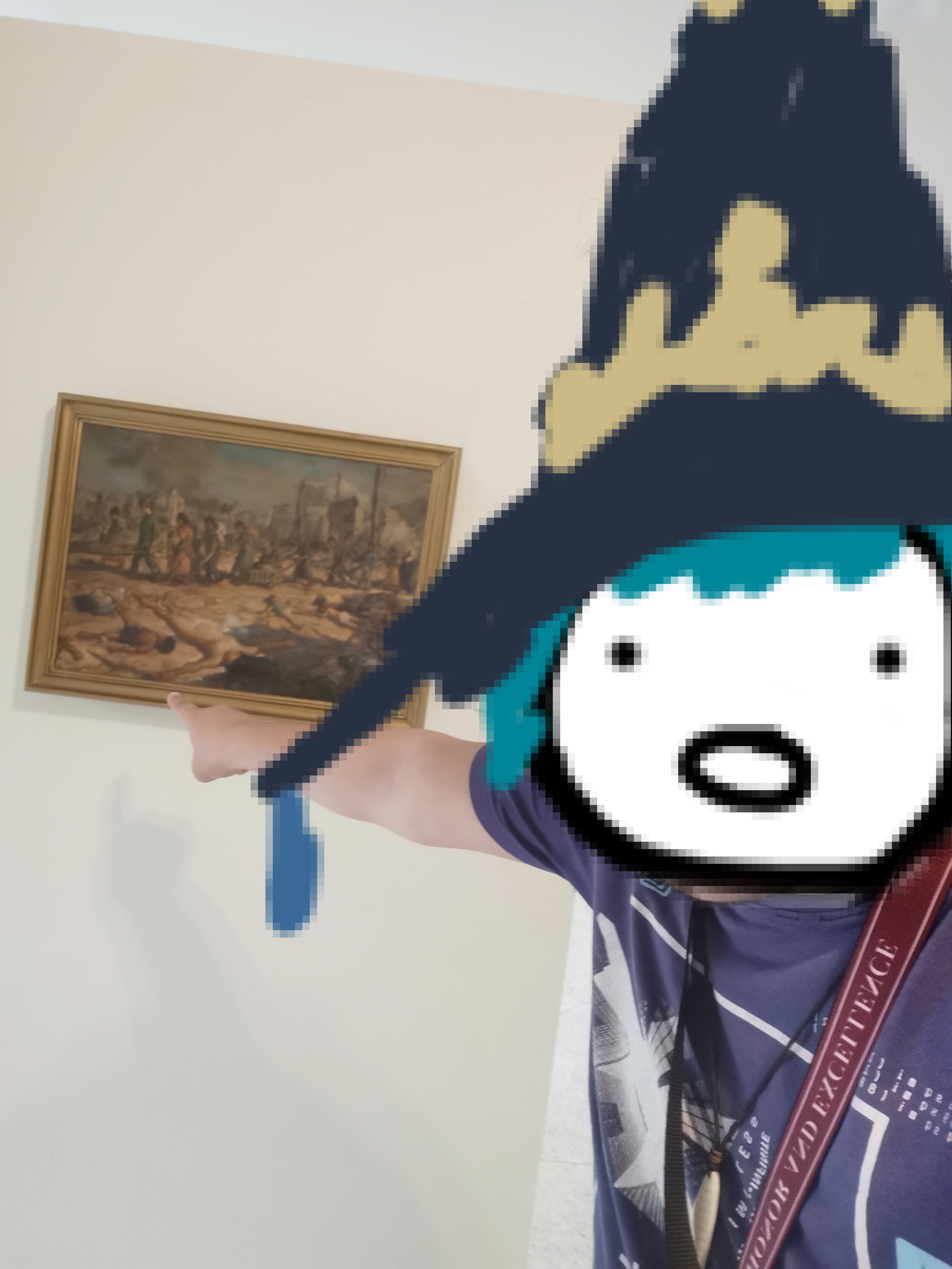 idiot pointing his hand towards the painting